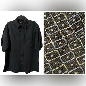 Nieman Marcus 100% Silk Button Up Shirt Men M Black Geometric Print Short Sleeve